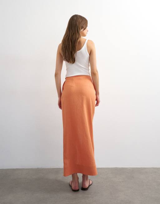 Topshop - Maxi rok van linnenmix met overslag in 'dusted clay' oranje, 4 van 5