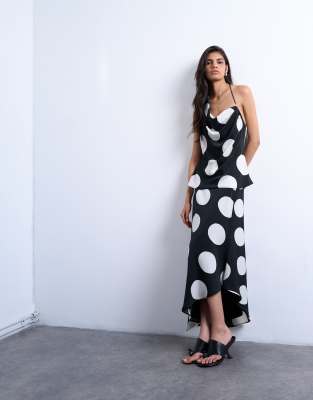 Maxi-Schlupfrock in Schwarz-Weiß mit großem Punktemuster und Schrägschnitt, Kombiteil-Bunt Bunt 44