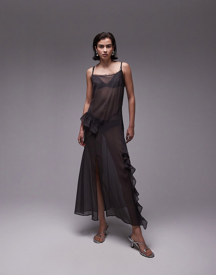 maxi sheer dress with frills in charcoal gray