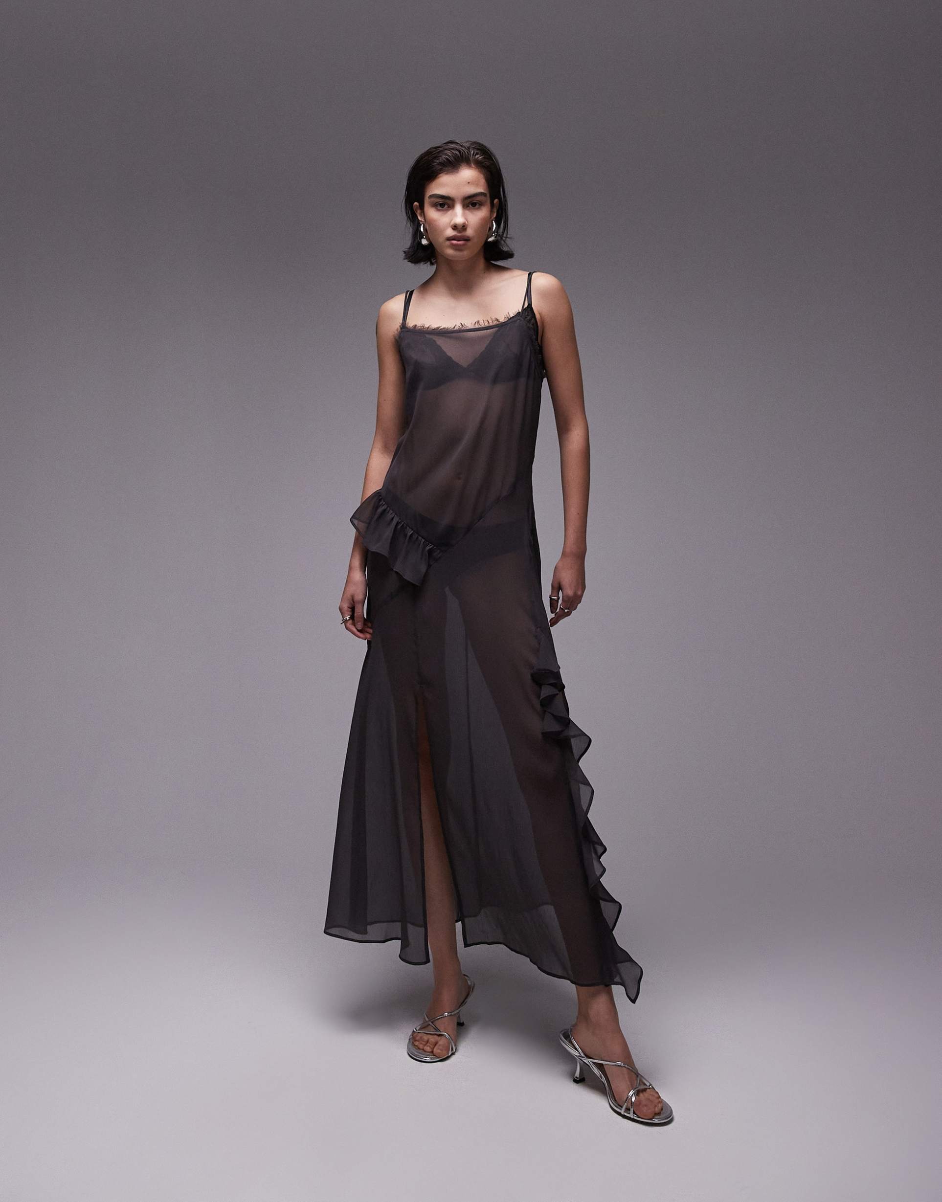 topshop maxi sheer dress with frills in charcoal gray