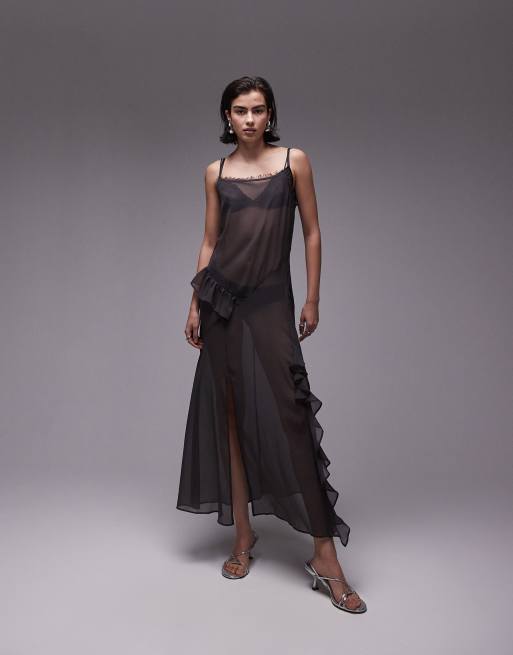 Topshop maxi sheer dress with frills in charcoal gray