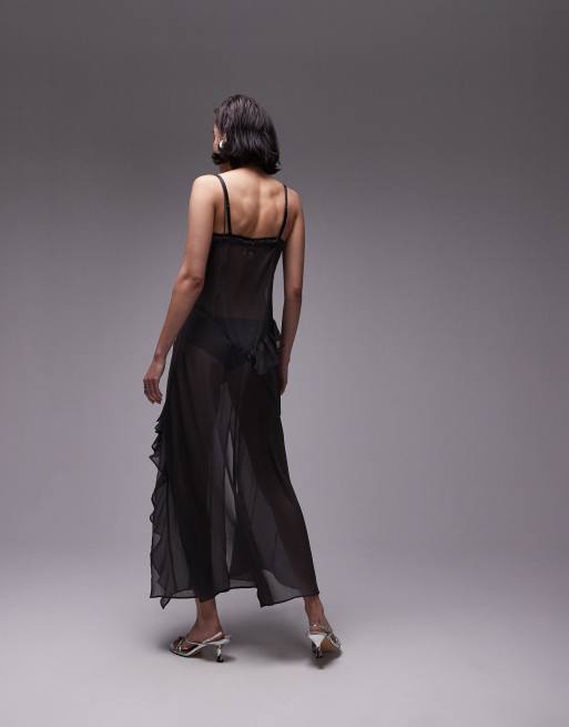 Topshop maxi sheer dress with frills in charcoal gray, 2 of 4