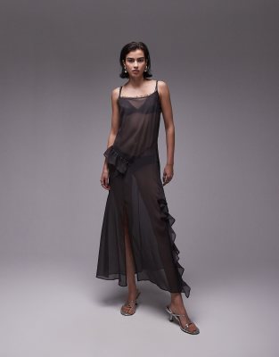 Topshop maxi sheer dress with frills in charcoal grey