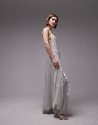 Topshop maxi sheer dress with frills in ivory