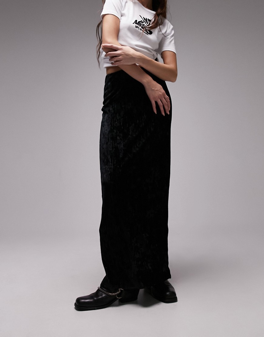 Topshop maxi skirt in velvet plisse in black