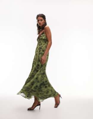 Topshop Maxi Slip Dress In Green Chiffon Print