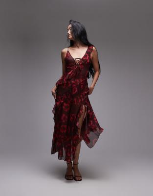 Topshop Maxi Slip Dress With Frills In Oxblood Floral-red