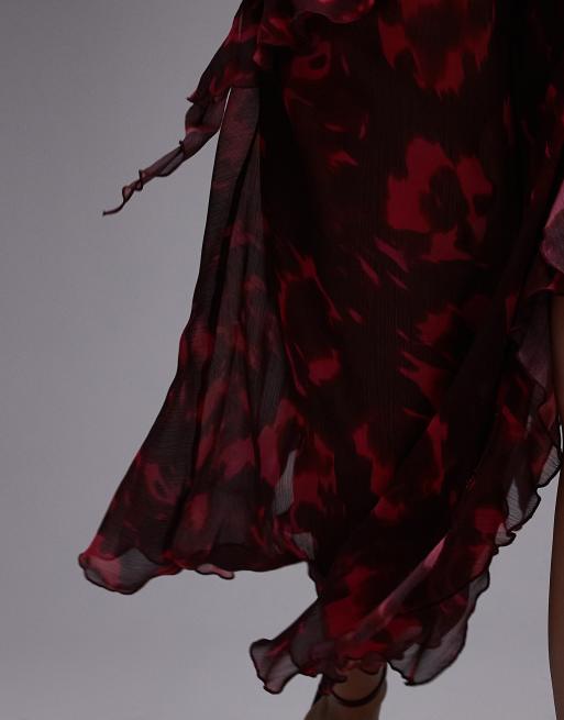 Topshop - Robe nuisette longue à volants et imprimé fleuri - Bordeaux