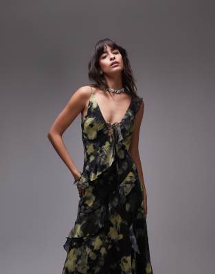 maxi slip dress with frills in yellow and green floral