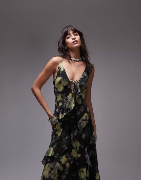 Topshop - Maxi-slipdress met ruches en bloemenprint in geel en groen - view 1