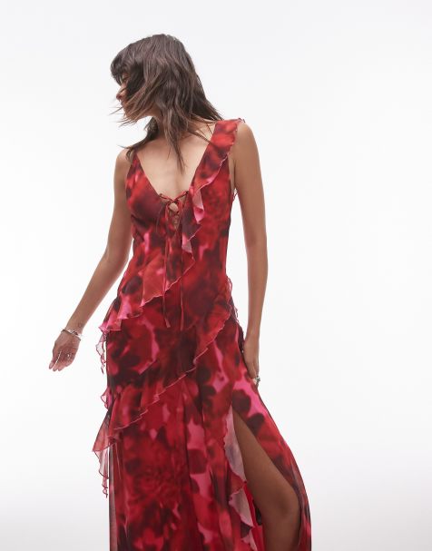 Topshop - Maxi-slipdress met ruches en bloemenprint in roze en rood - view 1