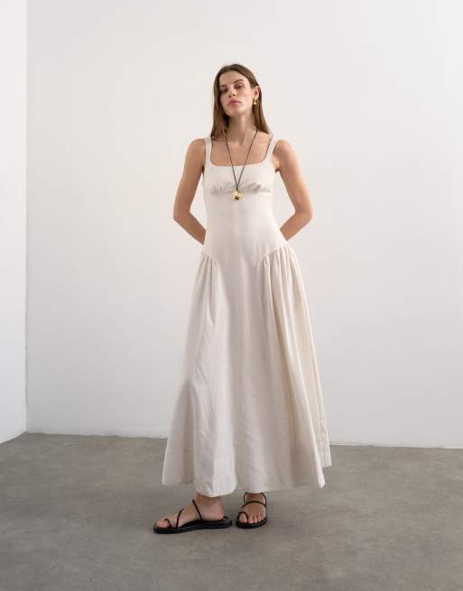 Topshop – Maxi-Sommerkleid aus naturfarbenem Leinen mit tiefer Taille