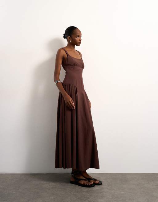 Topshop – Maxi-Sommerkleid in Schokobraun mit tiefer Taille