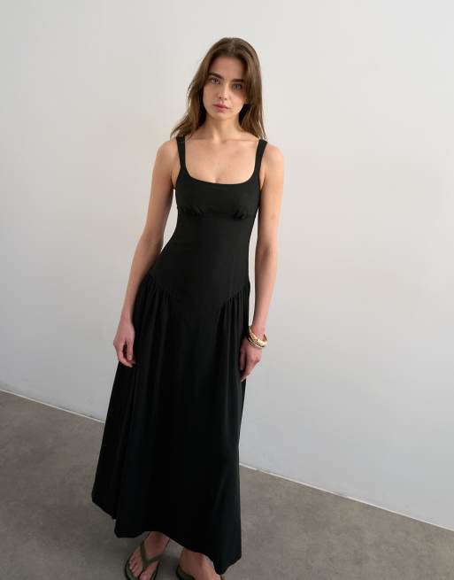 Topshop – Maxi-Sommerkleid in Schwarz mit tiefer Taille