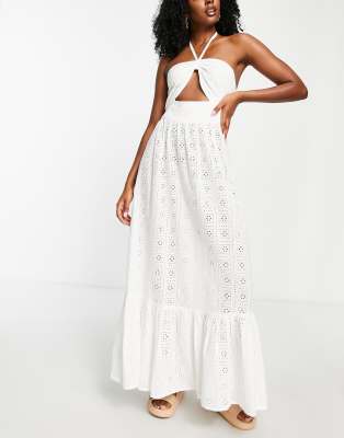 Topshop - Maxi-Strandkleid in Weiß mit Lochstickerei und Neckholder