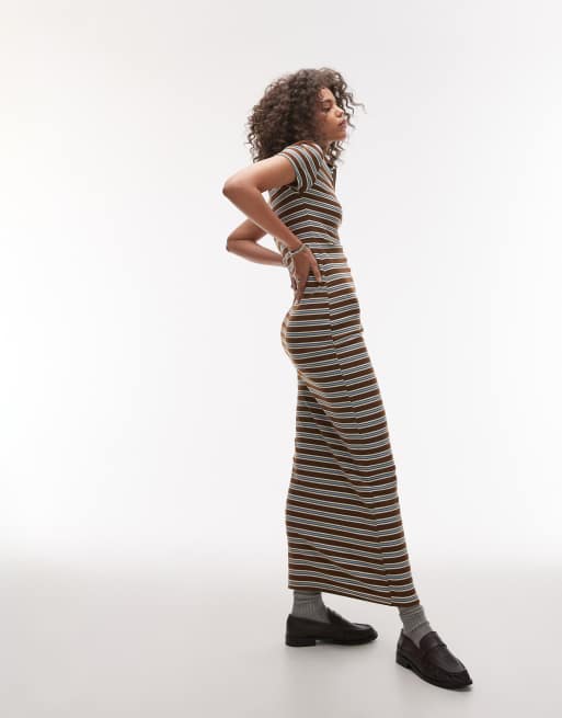 Topshop maxi stripe polo dress in chocolate brown, 2 of 4