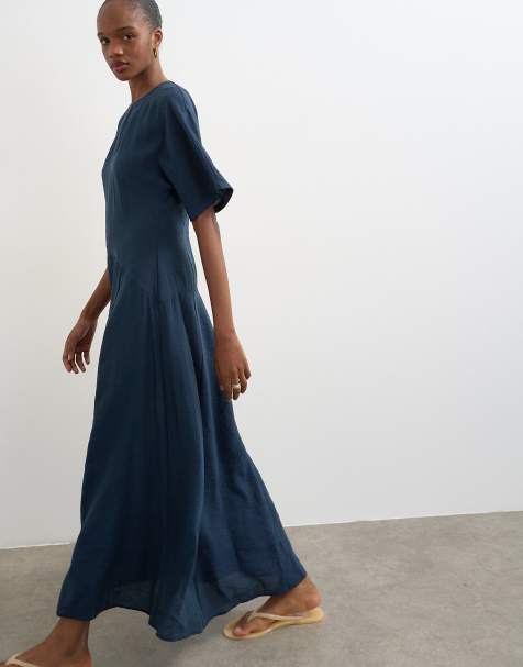 Topshop – Maxi-T-Shirt-Kleid aus Cupro in Marineblau mit tiefer Taille - view 1