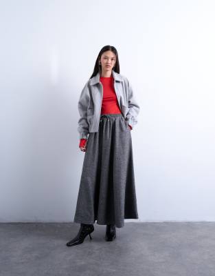 Topshop - Maxi-Tellerrock in Grau mit Fischgrätmuster und Schnürung in der Taille