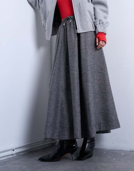 Topshop – Maxi-Tellerrock in Grau mit Fischgrätmuster und Schnürung in der Taille, 2 von 5