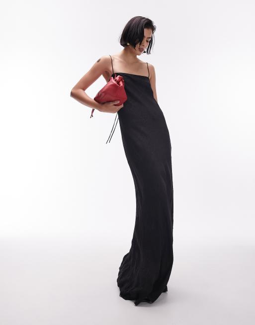 Topshop – Maxi-Trägerkleid aus Jacquard in Schwarz