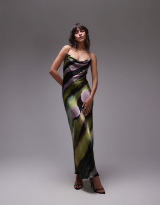 Topshop - Maxi-Trägerkleid mit Marmormuster und Wasserfallausschnitt-Bunt