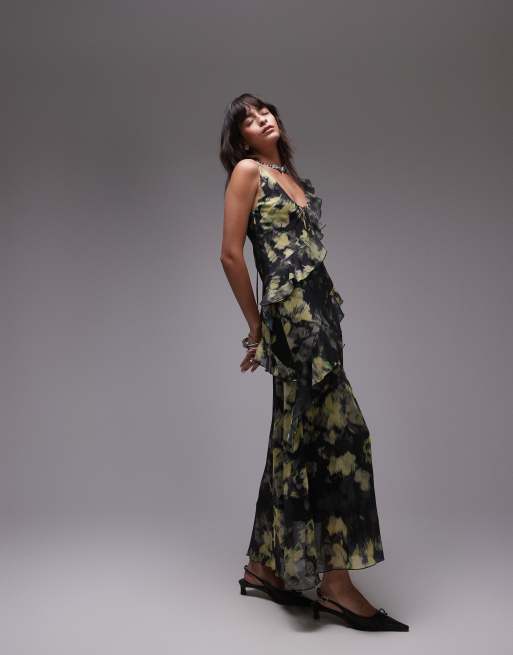 Topshop – Maxi-Trägerkleid mit Rüschen und Blumenmuster in Gelb und Grün, 2 von 4