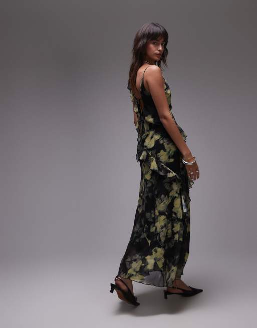 Topshop – Maxi-Trägerkleid mit Rüschen und Blumenmuster in Gelb und Grün, 3 von 4