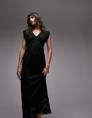 Topshop Maxi V Neck Dress In Black Lace