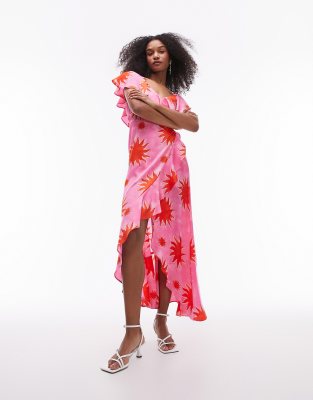 Topshop - Maxi-Wickelkleid in Rot mit Rüschenbesatz und Flecken-Print-Rosa