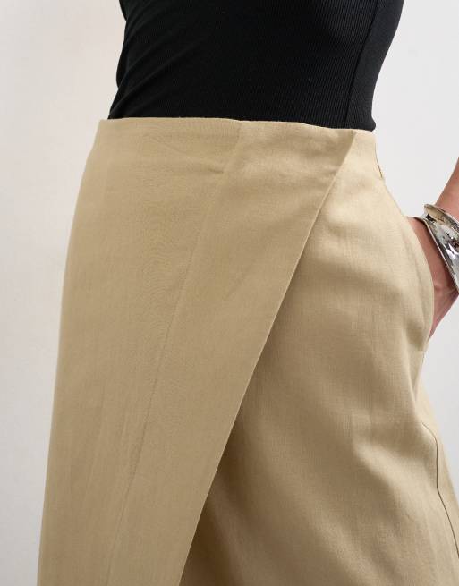 Topshop – Maxi-Wickelrock aus Leinen in Taupe, 3 von 5