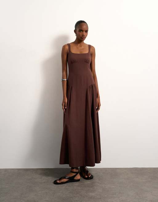 Topshop - Maxi zonnejurk met verlaagde taille in chocoladebruin, 2 van 4