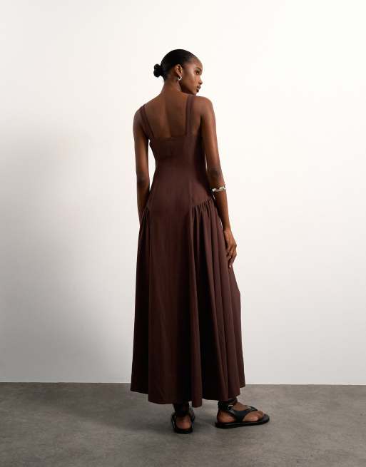 Topshop - Maxi zonnejurk met verlaagde taille in chocoladebruin, 3 van 4