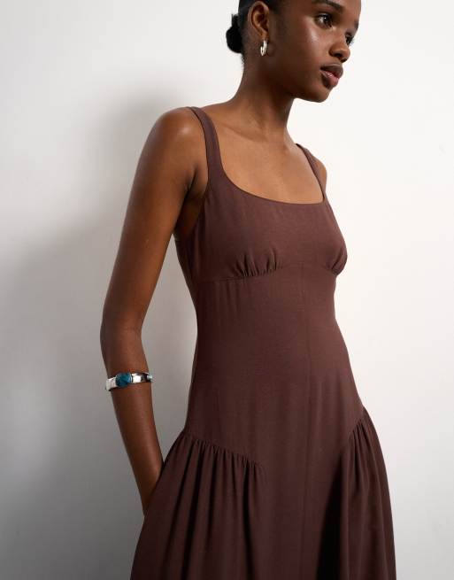 Topshop - Maxi zonnejurk met verlaagde taille in chocoladebruin, 4 van 4