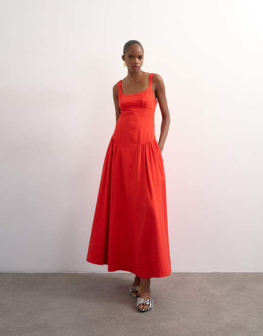 Topshop - Maxi zonnejurk met verlaagde taille in rood, 4 van 4