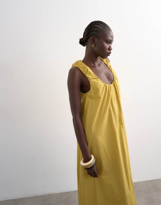 Topshop - Maxi zonnejurk van popeline met gerimpelde hals in okergeel, 3 van 4