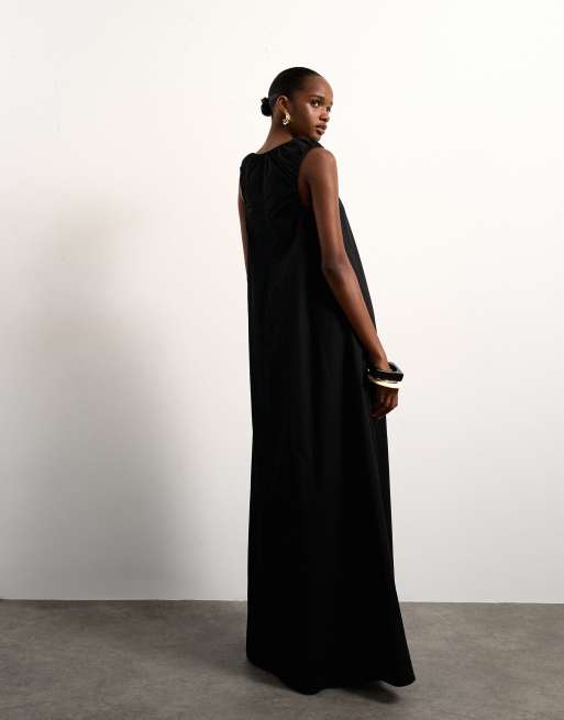 Topshop - Maxi zonnejurk van popeline met gerimpelde hals in zwart, 2 van 4
