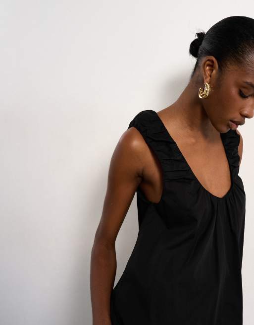 Topshop - Maxi zonnejurk van popeline met gerimpelde hals in zwart, 4 van 4