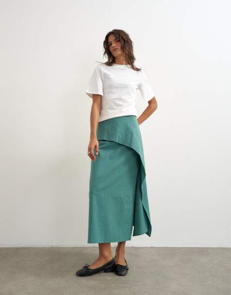Topshop maxikjol med draperad detalj i grönt och blått rutmönster - view 1