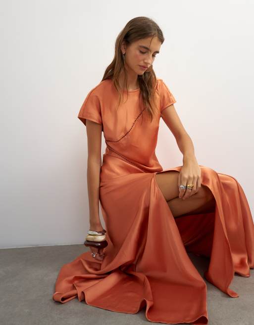 Topshop maxikjole i orange med korte ærmer og satinpaneldetalje, 4 af 4