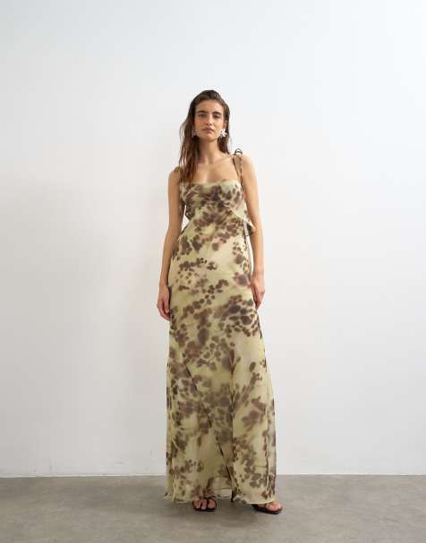 Topshop - Maxikjole i organza med abstrakt sløret print og foldedetalje over brystet - view 1