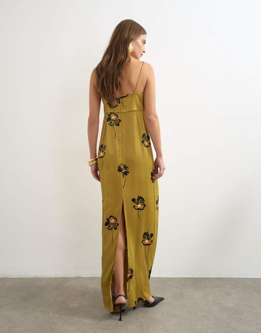Topshop maxikjole i satin med revers og bust i olivengrønt spredt blomsterprint, 3 af 4