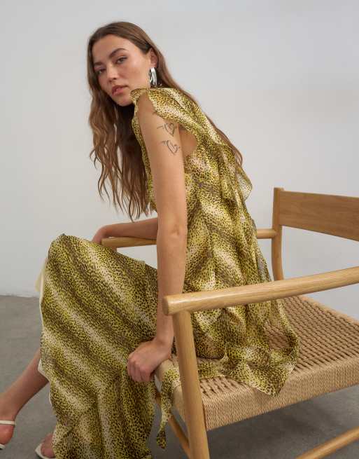 Topshop - Maxikjole med tørklædedetalje og gult dyreprint i chiffon, 2 af 4