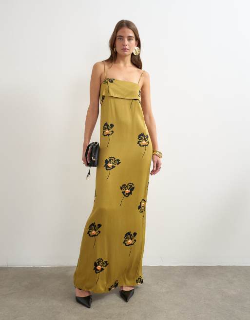 Topshop maxiklänning i satin med slag och spridd blommig olivgrön print, 4 av 4