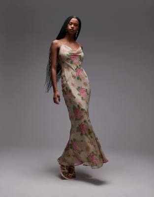 Topshop - Maxikleid aus bedrucktem doppellagigem Satin und Chiffon in Elfenbein mit Rosenmuster in Rosa-Bunt