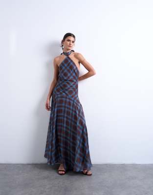 Topshop - Maxikleid aus Chiffon in Blau kariert mit weitem Saum und tiefer Taille