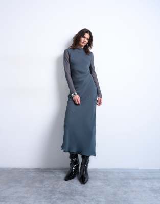 Topshop - Maxikleid aus Chiffon in Petrol mit U-Boot-Ausschnitt-Blau