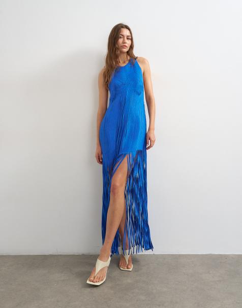 Topshop – Maxikleid aus hochwertigem Viskose-Satin in Kobaltblau mit handgenähter Applikation am Oberteil und Fransen - view 1