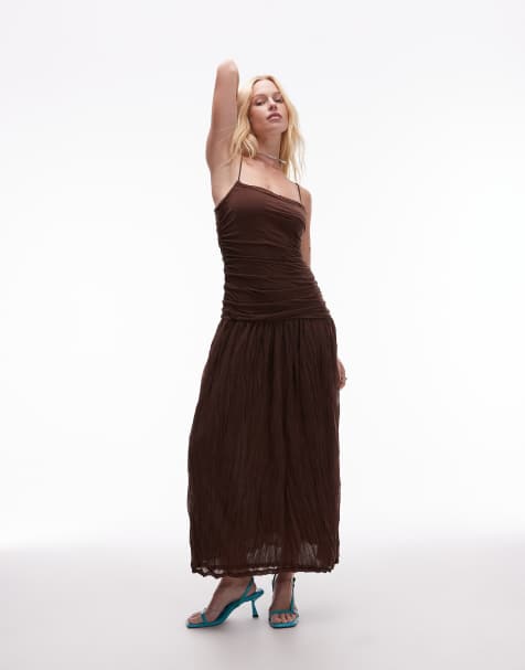 Topshop – Maxikleid aus Knitter-Netzstoff in Schokobraun mit tiefer Taille - view 1