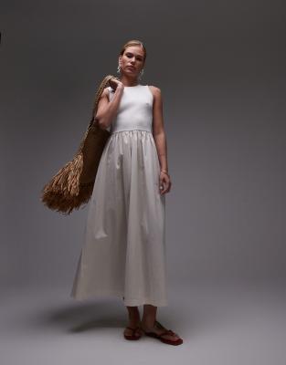 Topshop - Maxikleid aus Popeline-Mix in Wollweiß