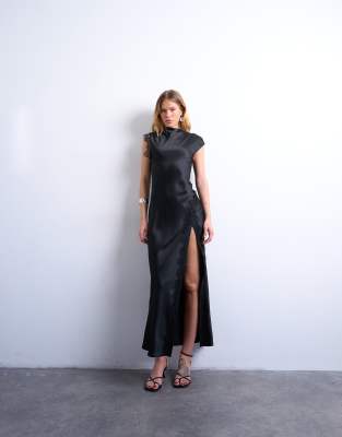 Topshop - Maxikleid aus Satin in Schwarz mit Spitzenbesatz und drapiertem Ausschnitt
